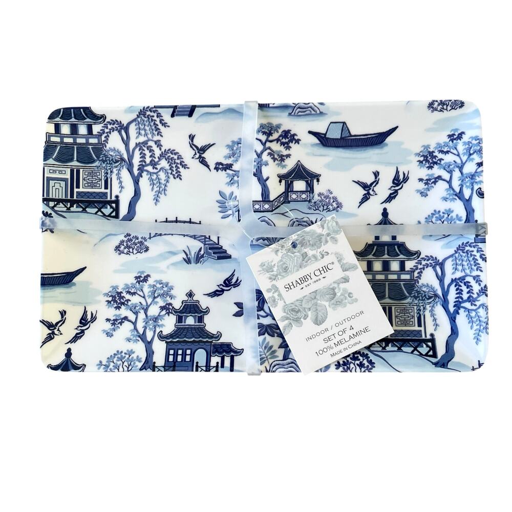 Shabby Chic Melamine Chinoiserie Appetizer Plates White & Blue Willow Set 4 New